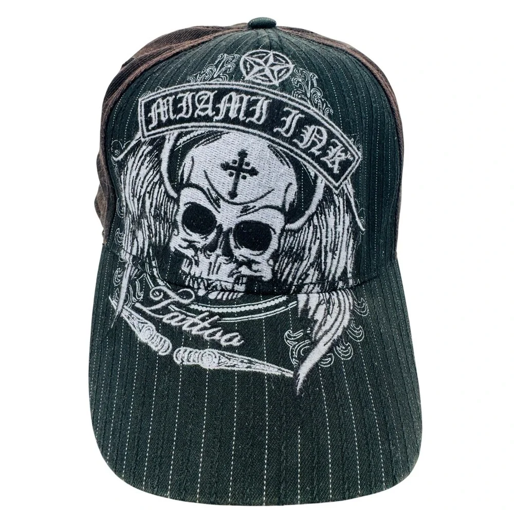 Miami Ink Tattoo Hat Mens OS Black Brown Skull Pinstripe TekerFlex Cap
